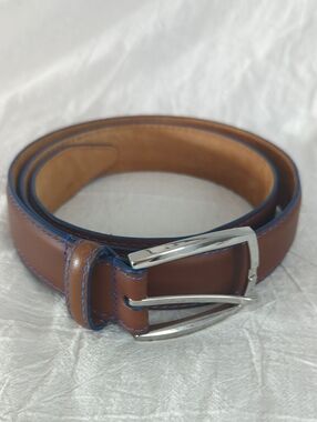 LEJON Executive Aniline Glove Leather Belt 38 Made in USA Cognac Blue Edge